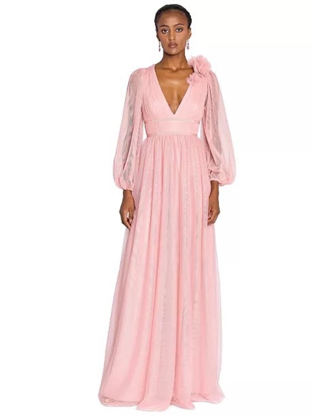 Romantic Dusty Rose Tulle A-lined Dress with Sheer Long Sleeves